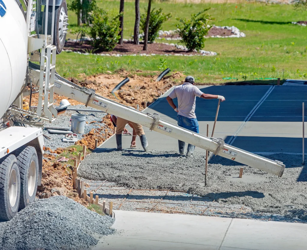 Workers pouring wet cement from a mixer truck for a driveway.